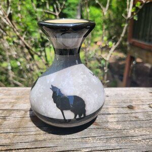 Signed Cyndi Davis Wildlife Art Pottery Vase With Bear Wolf Deer Silhouettes 5"